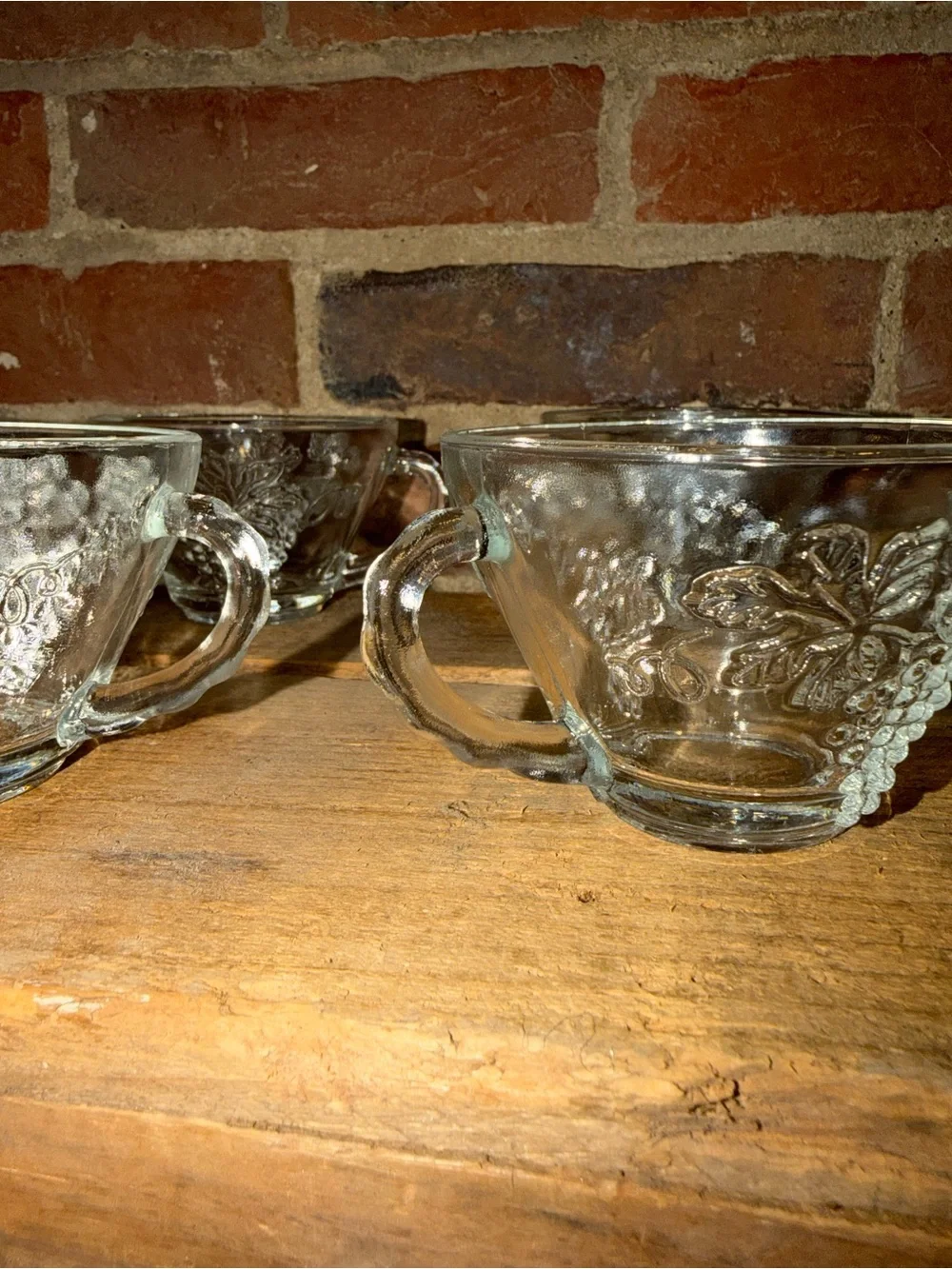 Vintage Set of 6 Clear Pressed Glass Tea Cups with Floral Motif Grapes Leaves